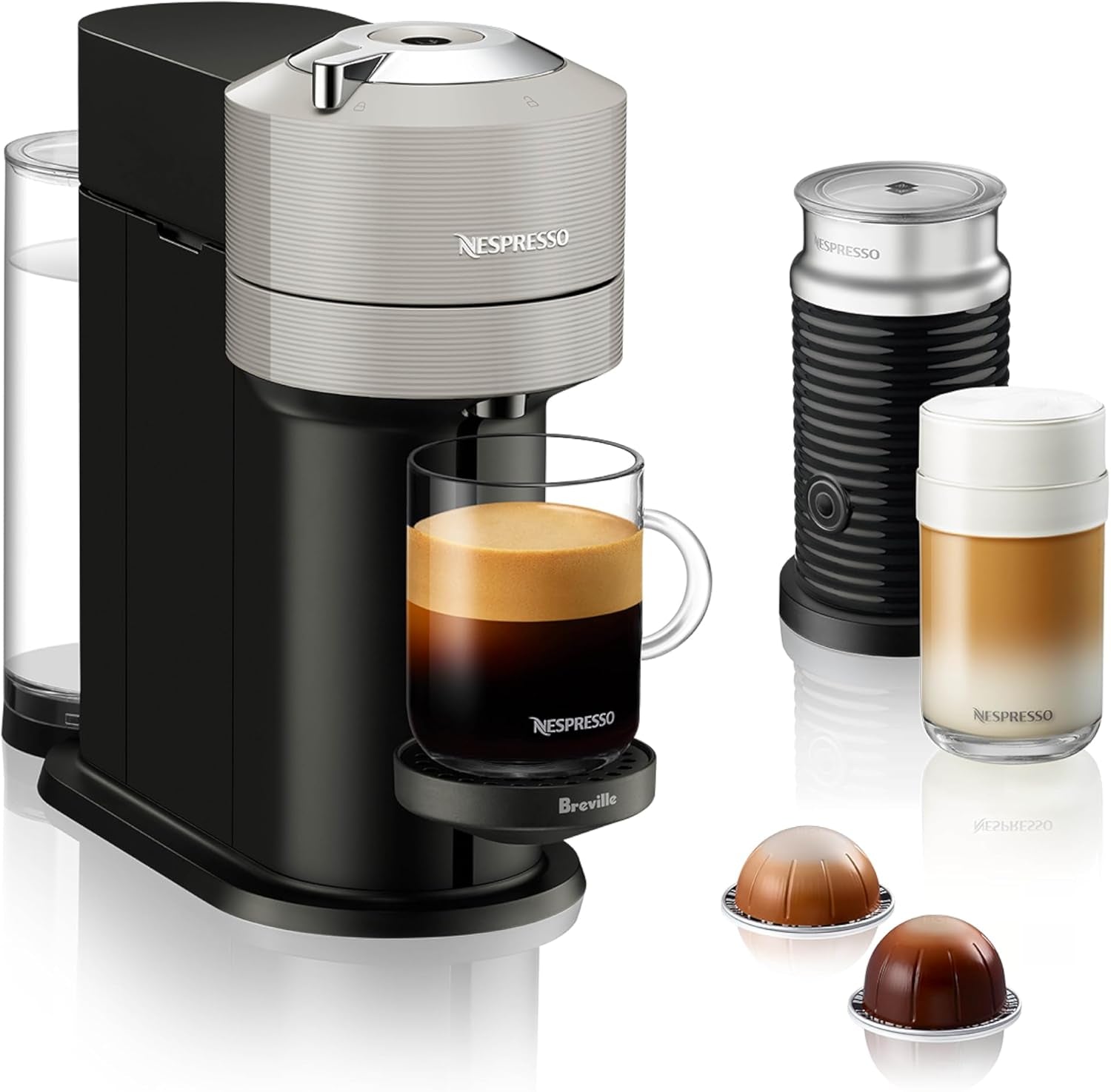 Vertuo Next Coffee and Espresso Maker by Breville, with Aeroccino Milk Frother, Light Grey